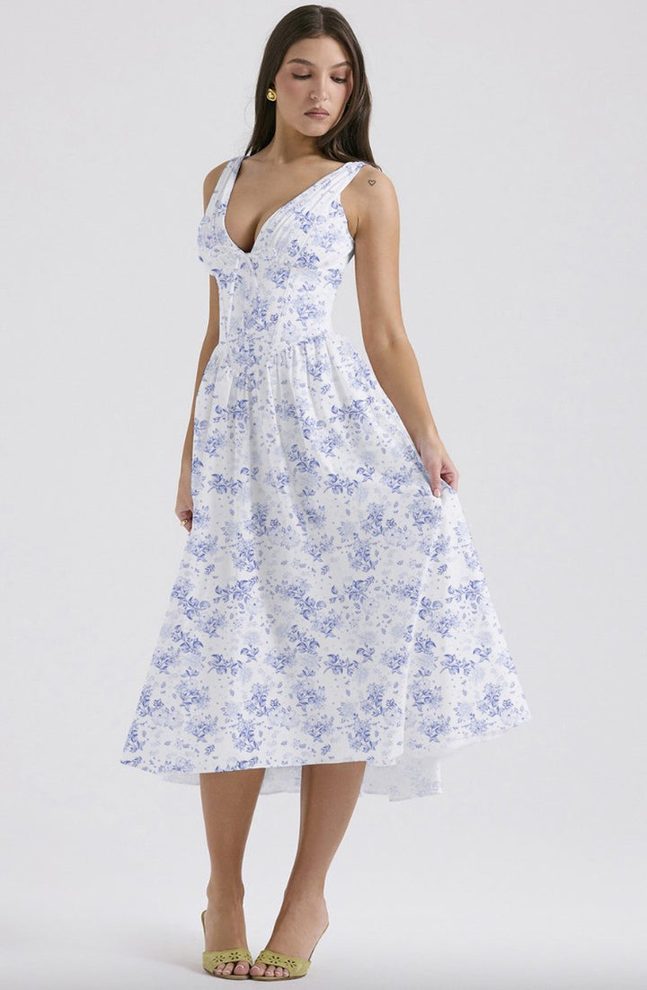 Women's Corset Midi Fall Wedding Guest Dress V-Neck Fit-and-Flare