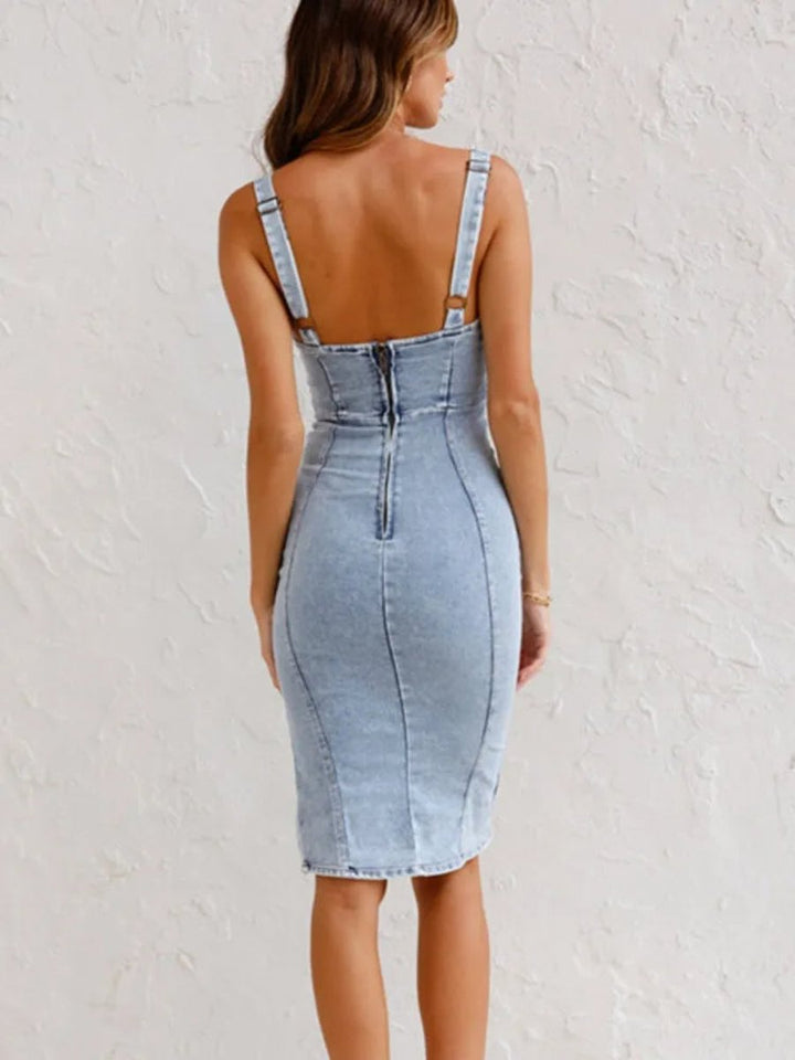 Women's Corset-Style Denim Fall Midi Dress Front Zip