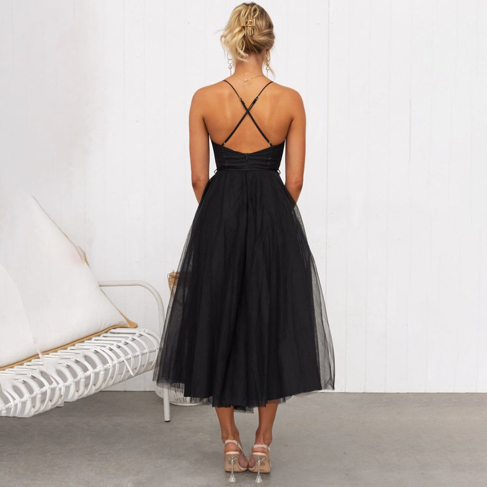 Women's Corset Tulle Fall Midi Dress Spaghetti Strap A-Line