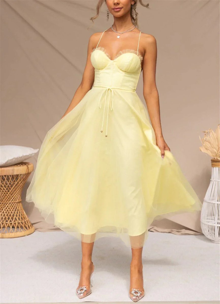 Women's Corset Tulle Fall Midi Dress Spaghetti Strap A-Line