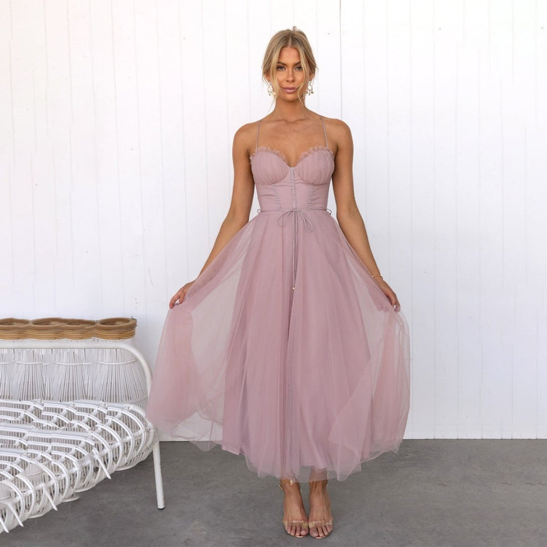 Women's Corset Tulle Fall Midi Dress Spaghetti Strap A-Line