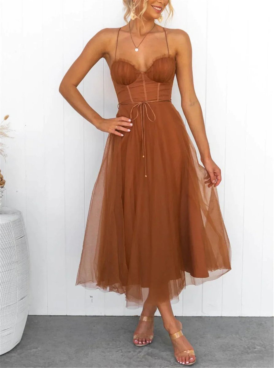 Women's Corset Tulle Fall Midi Dress Spaghetti Strap A-Line