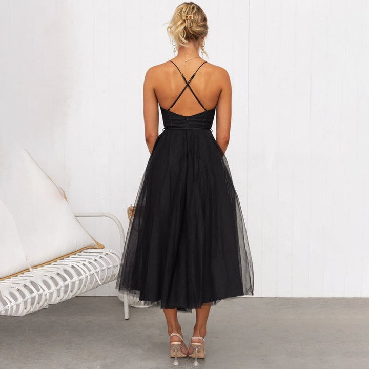 Women's Corset Tulle Fall Midi Dress Spaghetti Strap A-Line