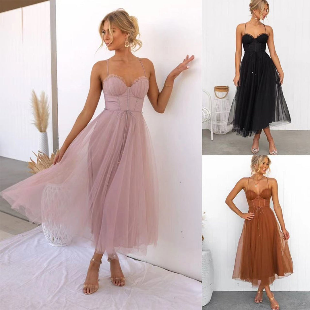 Women's Corset Tulle Fall Midi Dress Spaghetti Strap A-Line