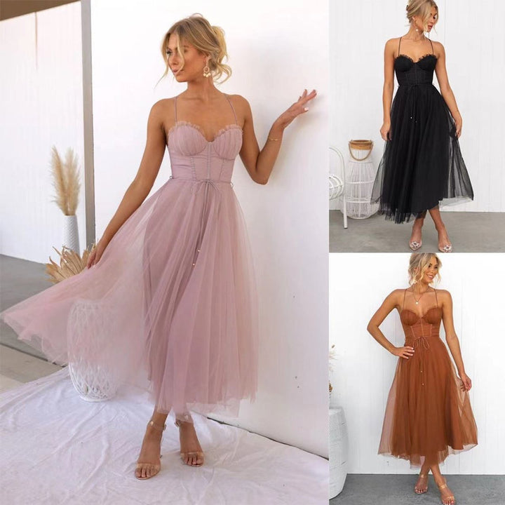 Women's Corset Tulle Fall Midi Dress Spaghetti Strap A-Line