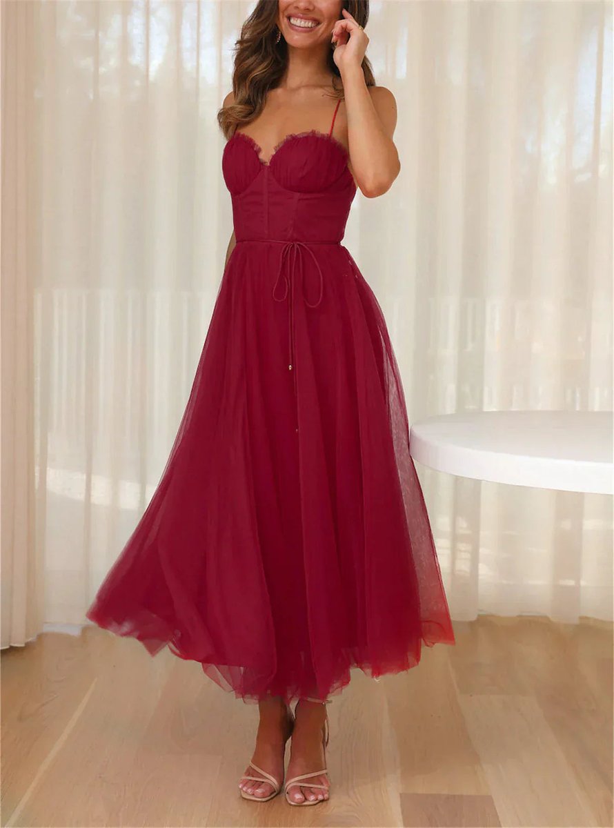 Women's Corset Tulle Fall Midi Dress Spaghetti Strap A-Line