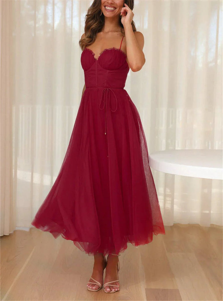 Women's Corset Tulle Fall Midi Dress Spaghetti Strap A-Line