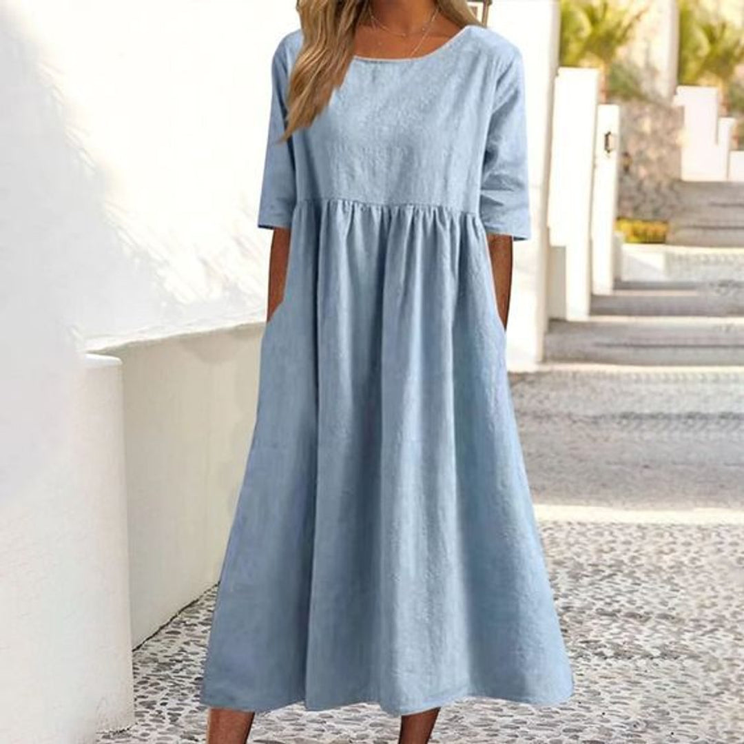 Women's Cotton Half-Sleeve Smocked Fall Midi Dress