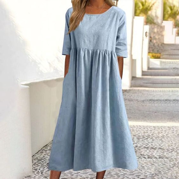 Women's Cotton Half-Sleeve Smocked Fall Midi Dress