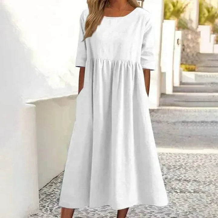 Women's Cotton Linen A-Line Fall Midi Dress Smocked Waist Pockets