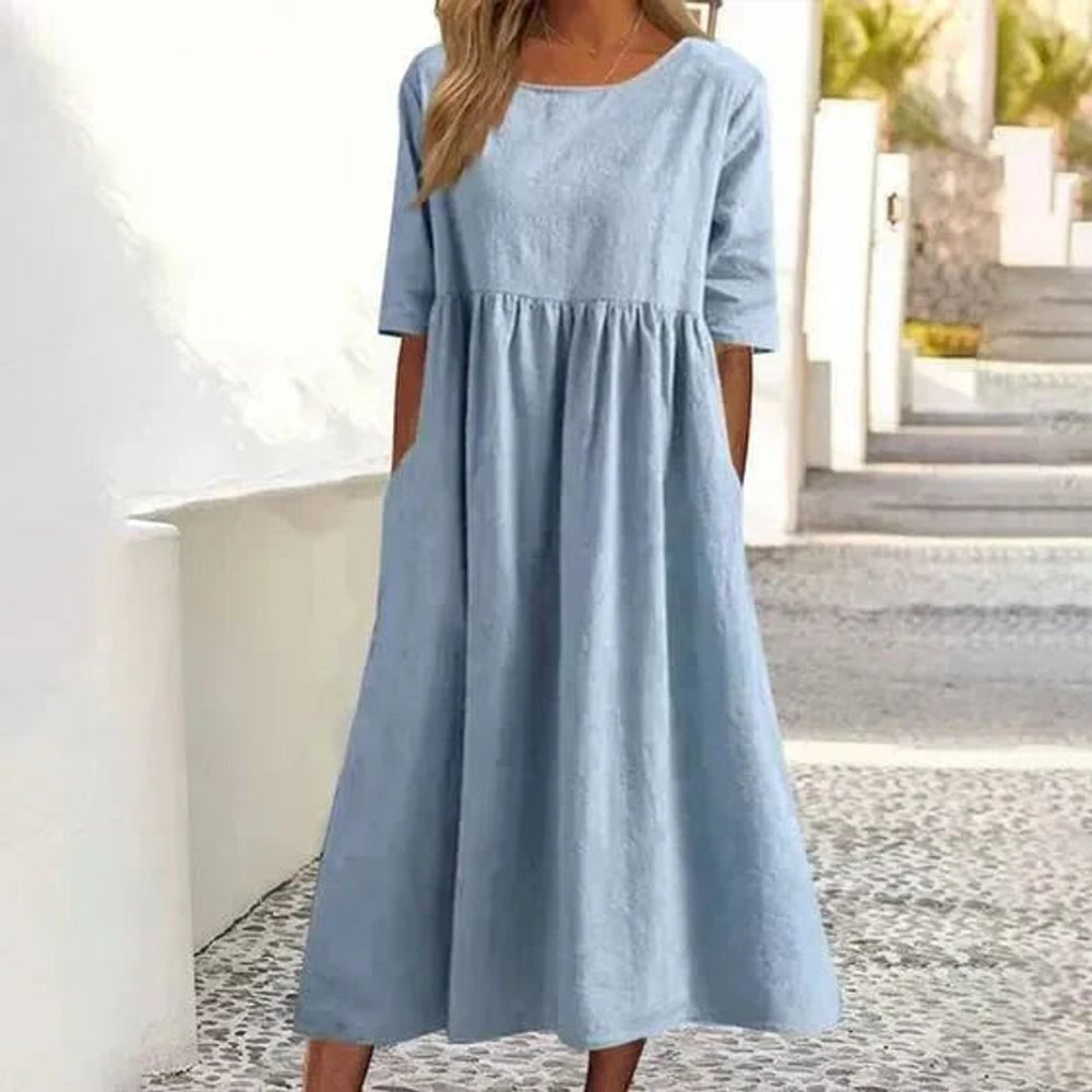 Women's Cotton Linen A-Line Fall Midi Dress Smocked Waist Pockets