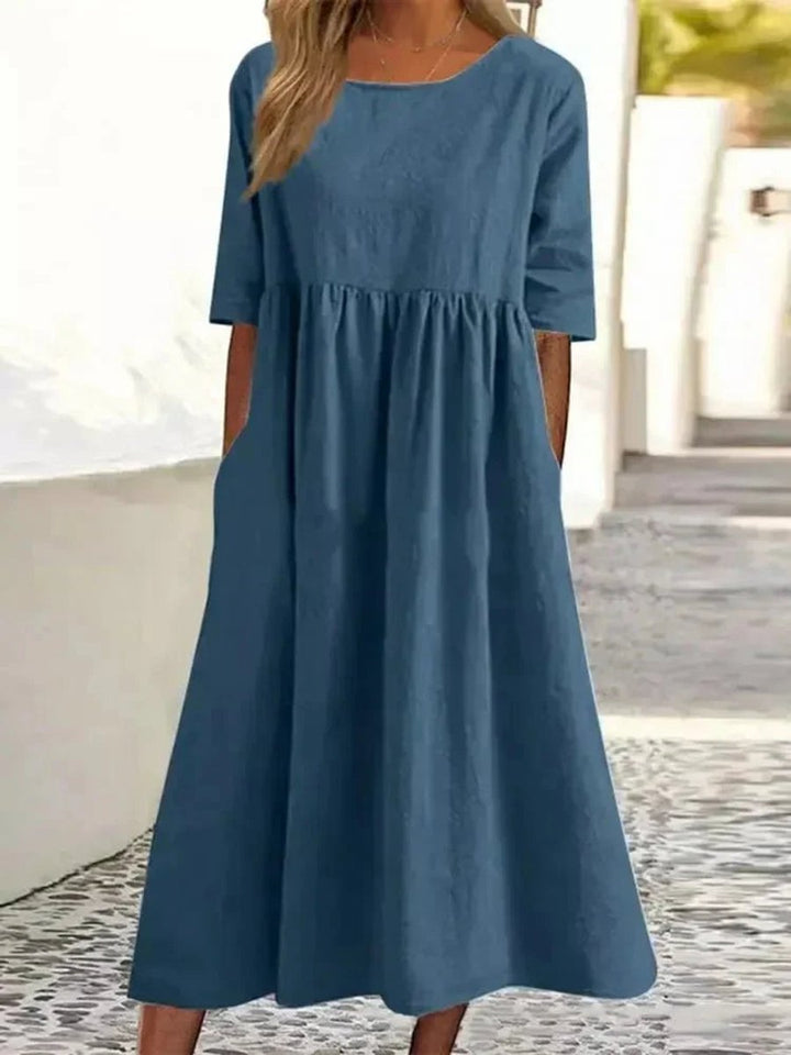 Women's Cotton Linen A-Line Fall Midi Dress Smocked Waist Pockets