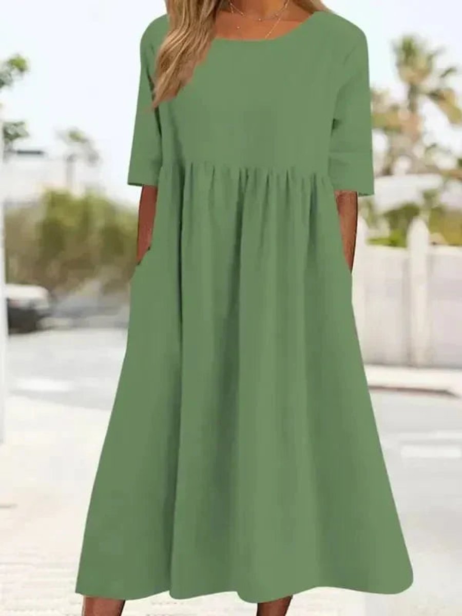 Women's Cotton Linen A-Line Fall Midi Dress Smocked Waist Pockets