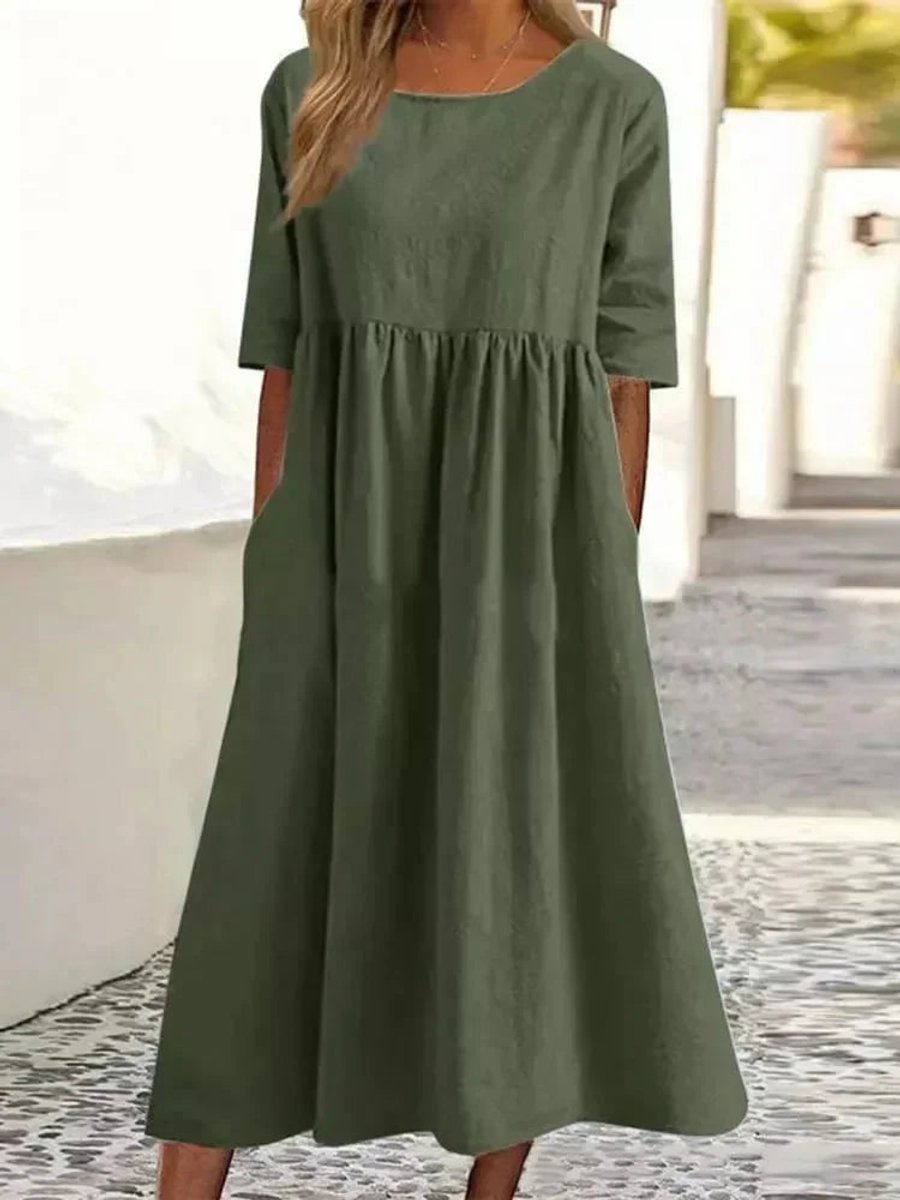 Women's Cotton Linen A-Line Fall Midi Dress Smocked Waist Pockets