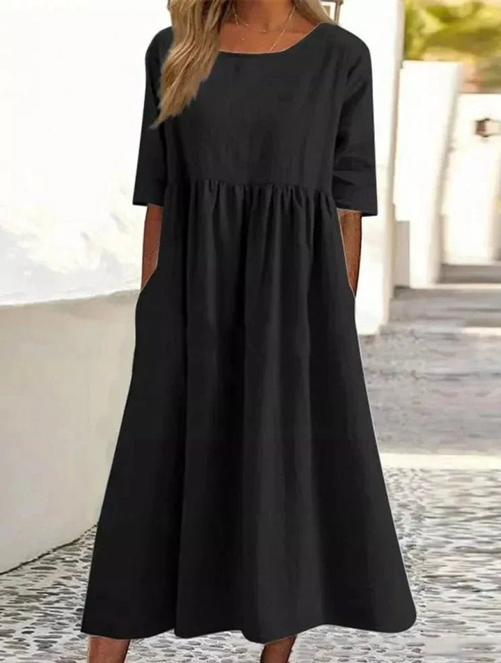 Women's Cotton Linen A-Line Fall Midi Dress Smocked Waist Pockets