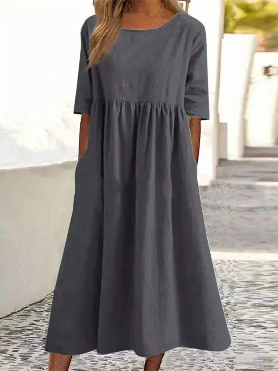 Women's Cotton Linen A-Line Fall Midi Dress Smocked Waist Pockets