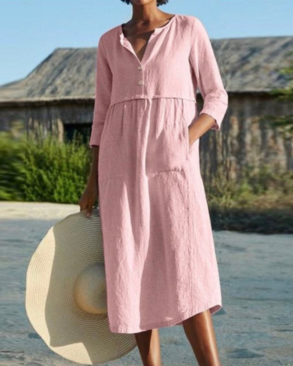 Women's Cotton Linen Button-Up Fall Midi Dress Relaxed Fit