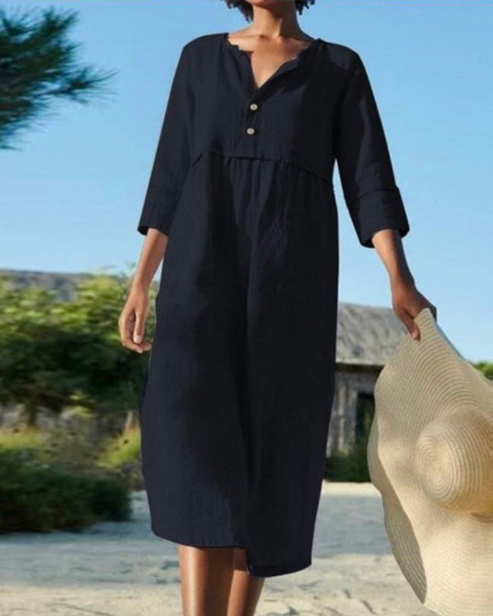 Women's Cotton Linen Button-Up Fall Midi Dress Relaxed Fit