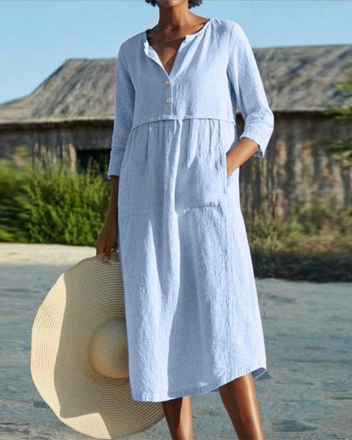 Women's Cotton Linen Button-Up Fall Midi Dress Relaxed Fit