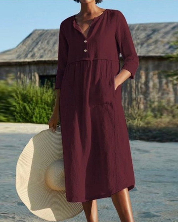 Women's Cotton Linen Button-Up Fall Midi Dress Relaxed Fit