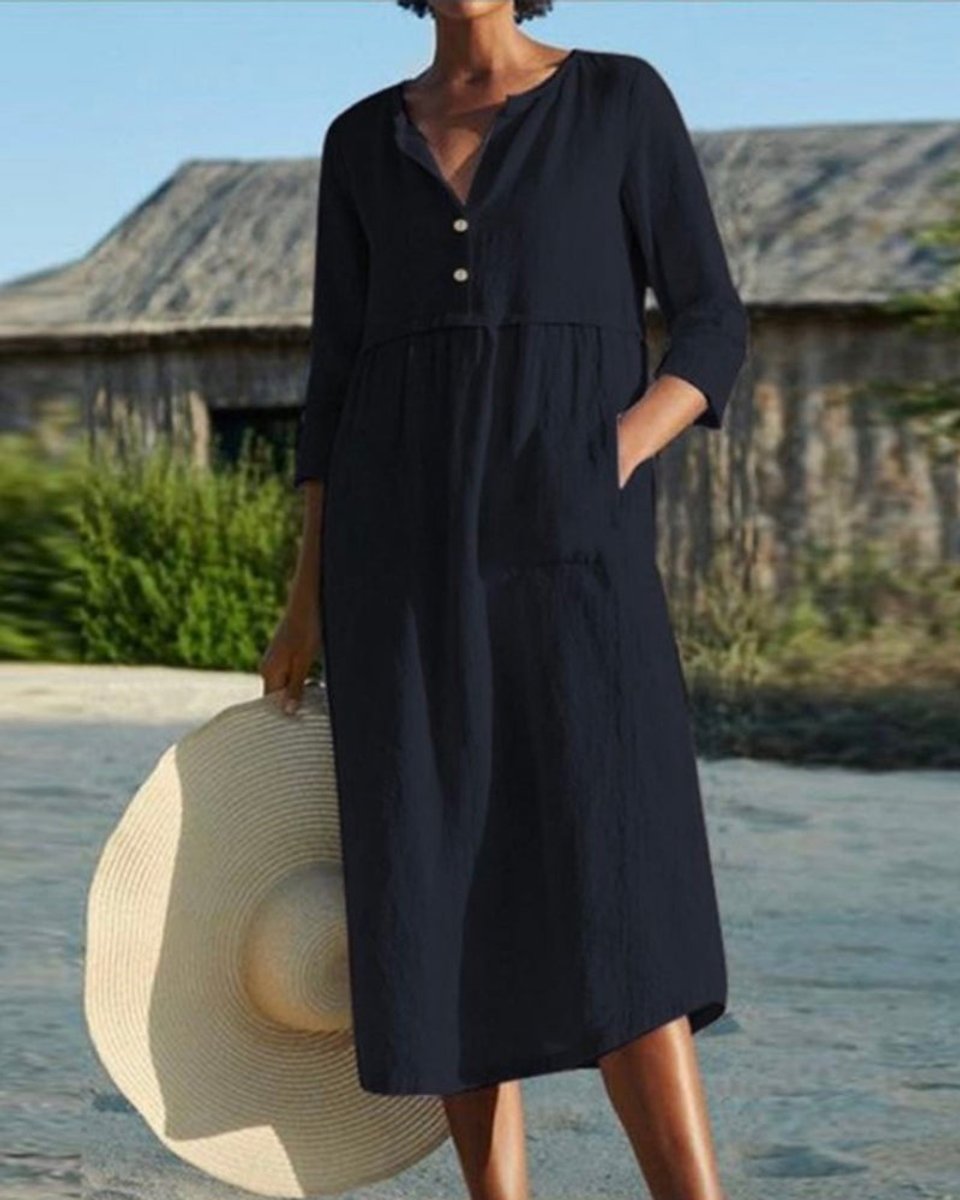 Women's Cotton Linen Button-Up Fall Midi Dress Relaxed Fit
