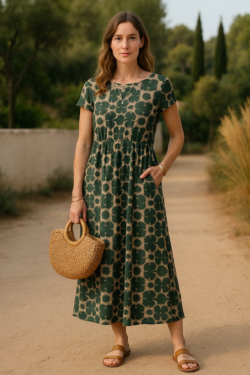 Women's Cotton Linen High-Waist A-Line Fall Midi Dress Pockets
