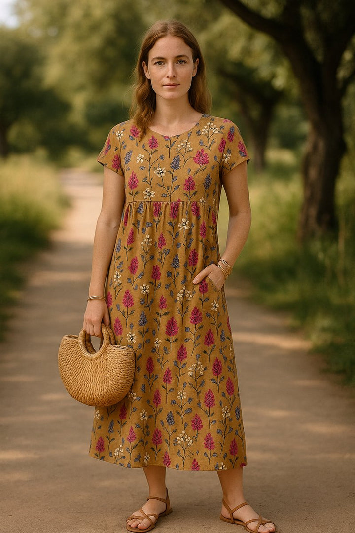 Women's Cotton Linen High-Waist A-Line Fall Midi Dress Pockets