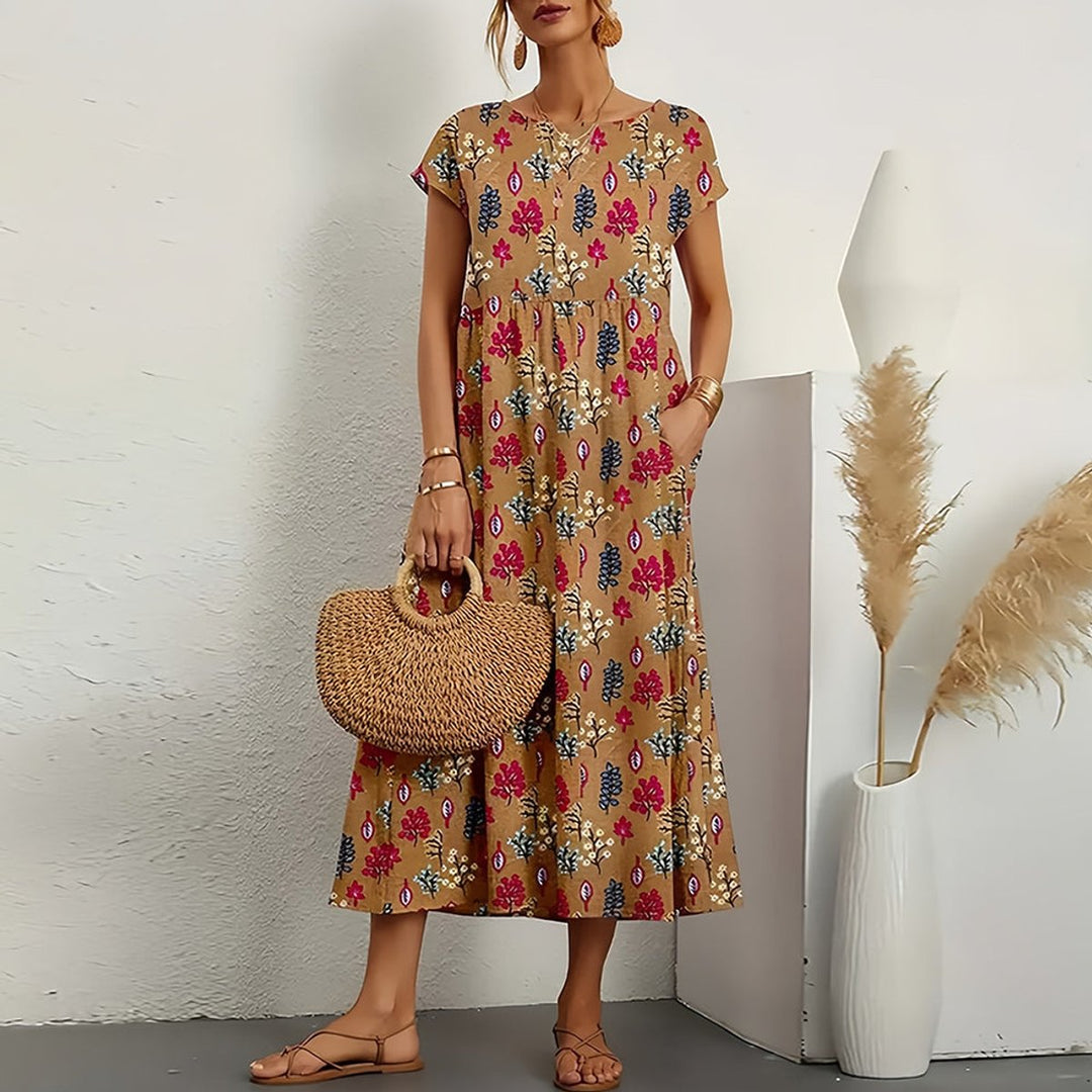 Women's Cotton Linen High-Waist A-Line Fall Midi Dress Pockets