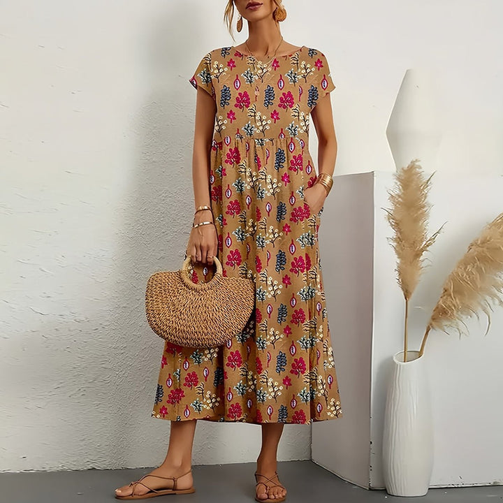 Women's Cotton Linen High-Waist A-Line Fall Midi Dress Pockets
