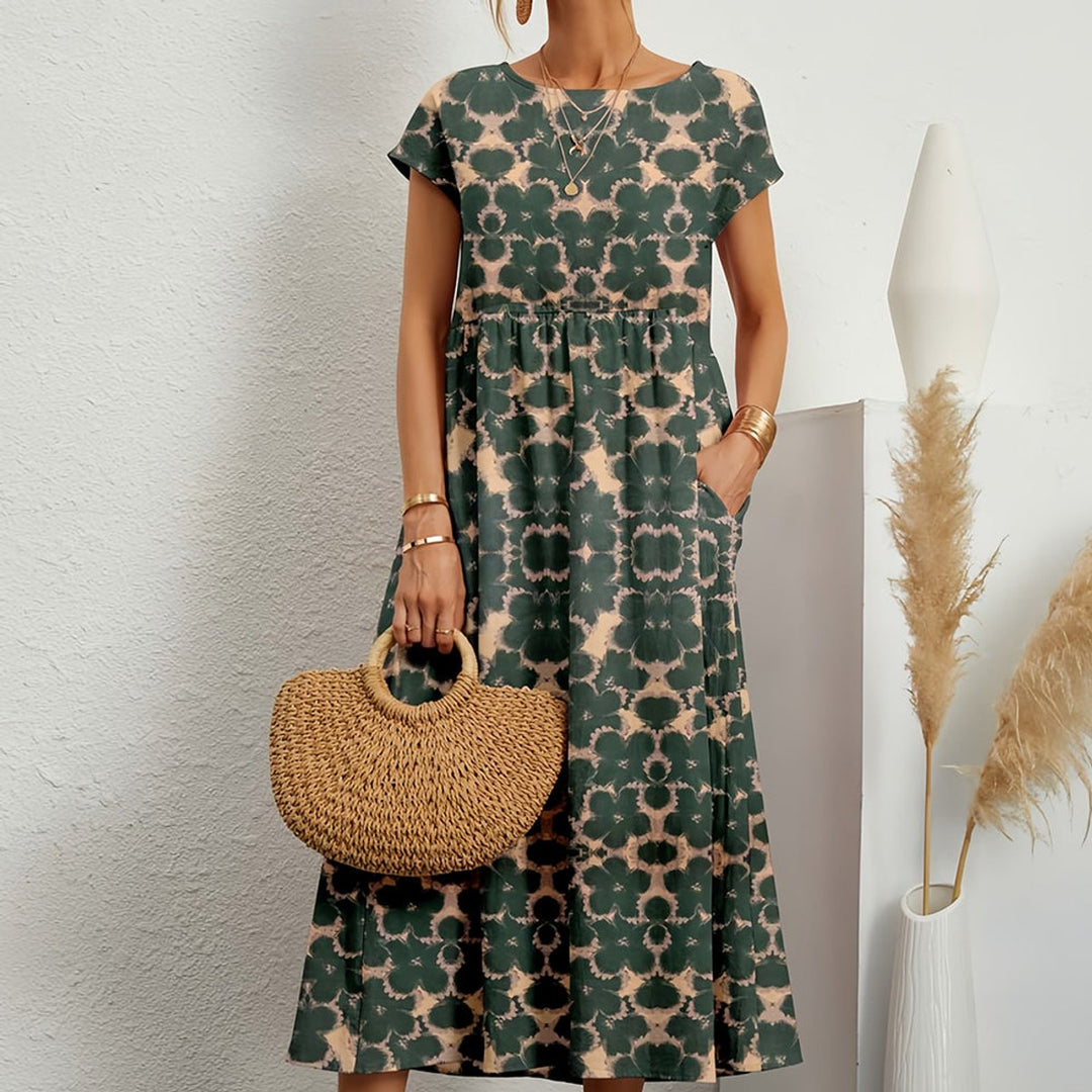 Women's Cotton Linen High-Waist A-Line Fall Midi Dress Pockets