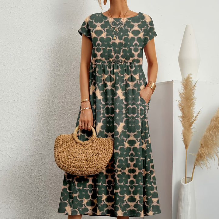 Women's Cotton Linen High-Waist A-Line Fall Midi Dress Pockets