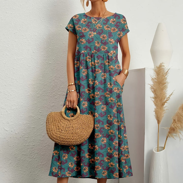 Women's Cotton Linen High-Waist A-Line Fall Midi Dress Pockets