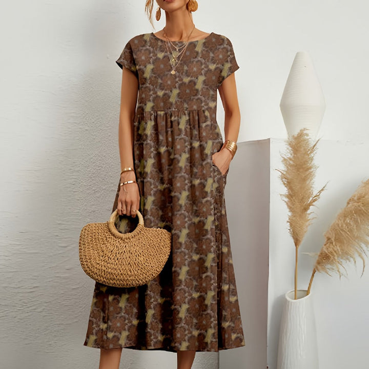 Women's Cotton Linen High-Waist A-Line Fall Midi Dress Pockets