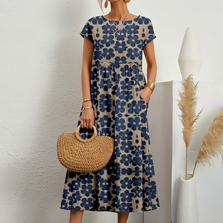 Women's Cotton Linen High-Waist A-Line Fall Midi Dress Pockets
