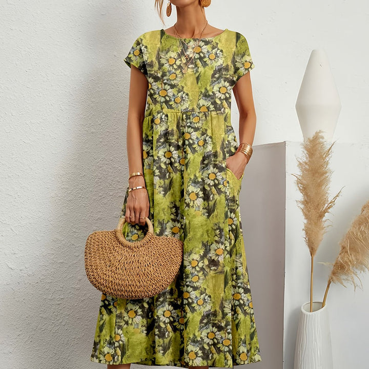 Women's Cotton Linen High-Waist A-Line Fall Midi Dress Pockets