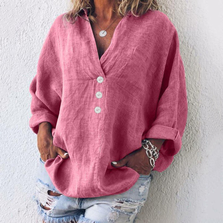 Women's Cotton Linen Oversized Sweater V-Neck Button-Up Blouse