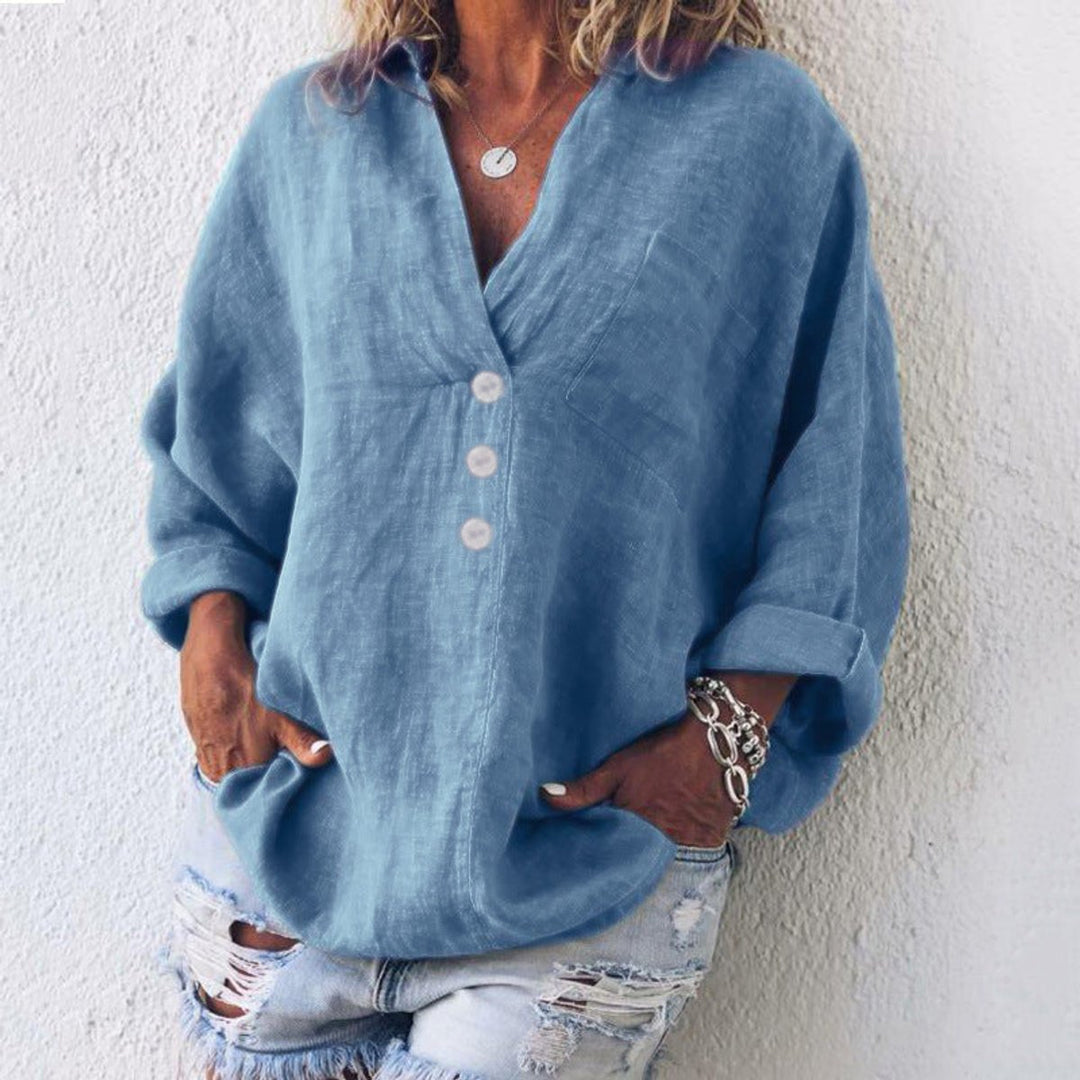 Women's Cotton Linen Oversized Sweater V-Neck Button-Up Blouse