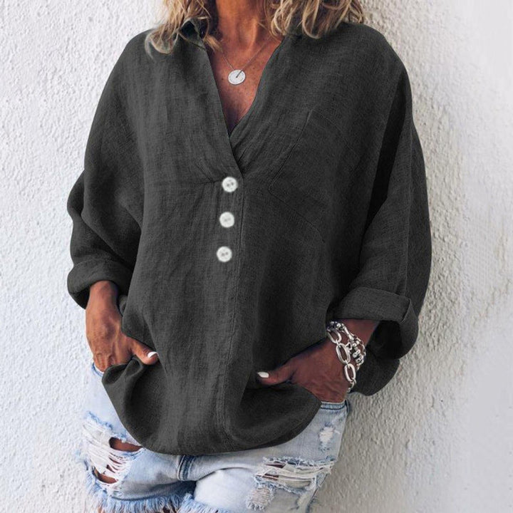 Women's Cotton Linen Oversized Sweater V-Neck Button-Up Blouse