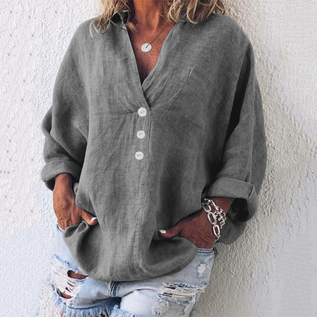 Women's Cotton Linen Oversized Sweater V-Neck Button-Up Blouse