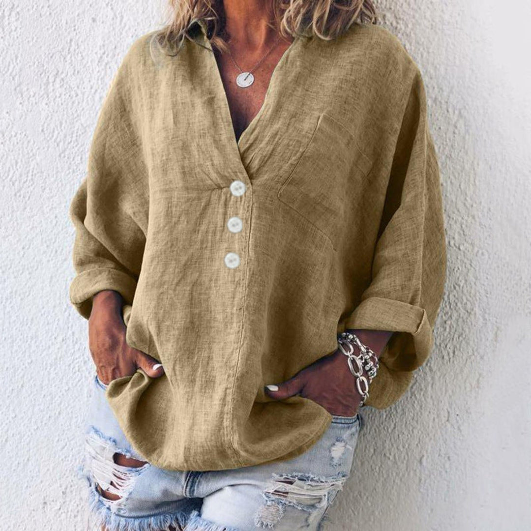 Women's Cotton Linen Oversized Sweater V-Neck Button-Up Blouse