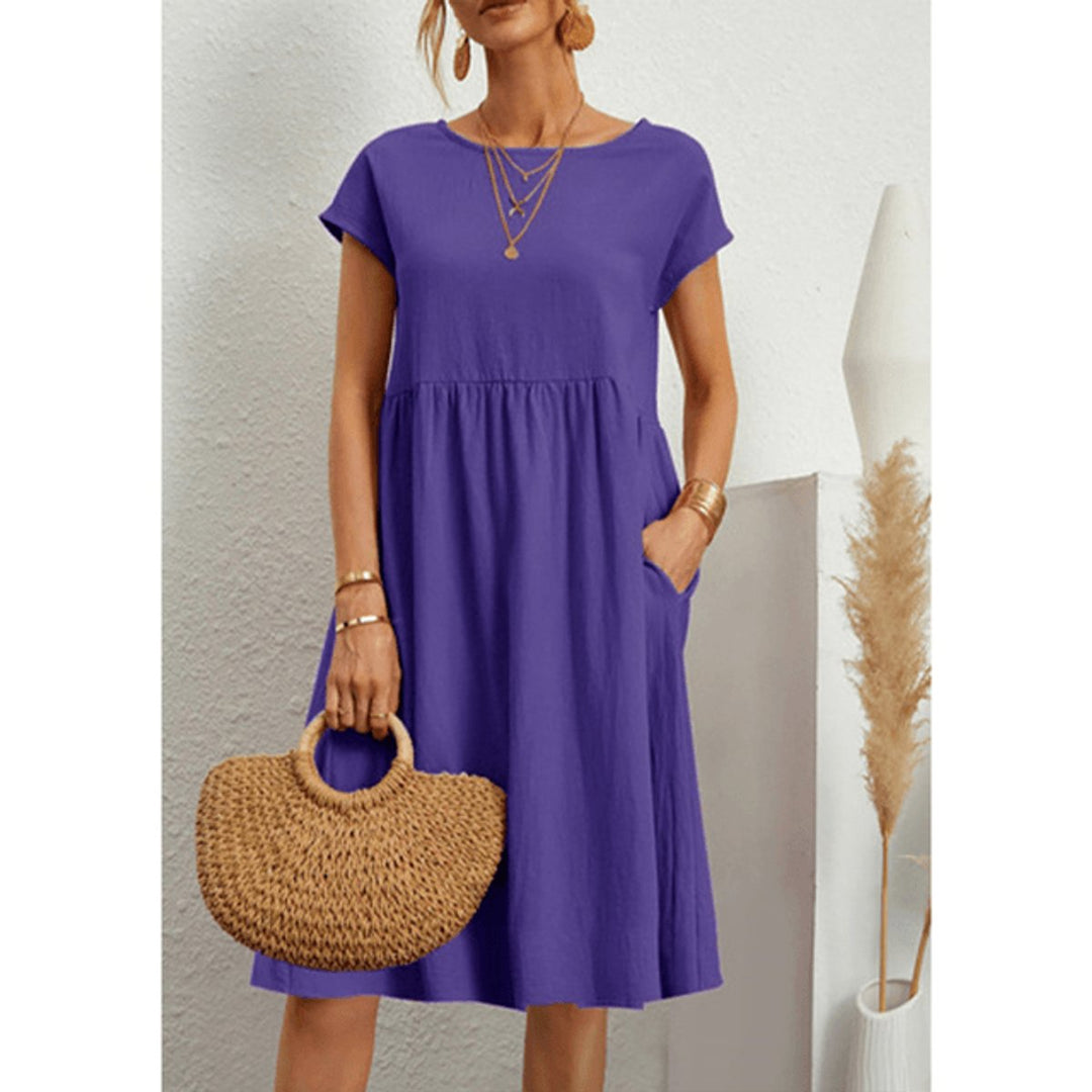 Women's Cotton Linen Short Sleeve Smocked Fall Midi Dress