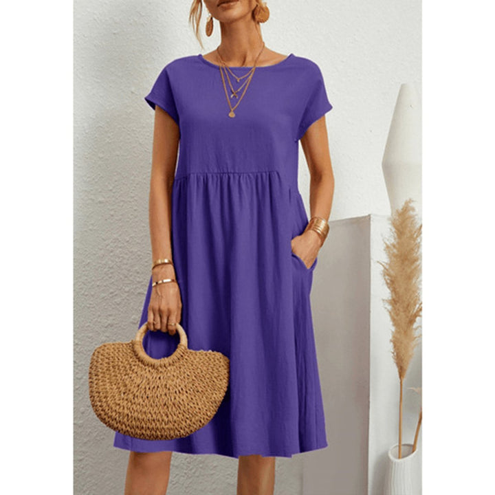 Women's Cotton Linen Short Sleeve Smocked Fall Midi Dress