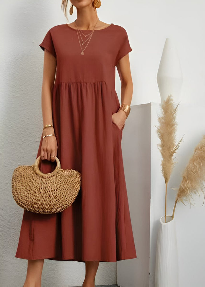 Women's Cotton Linen Short Sleeve Smocked Fall Midi Dress