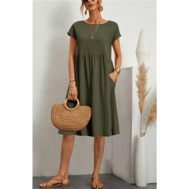 Women's Cotton Linen Short Sleeve Smocked Fall Midi Dress
