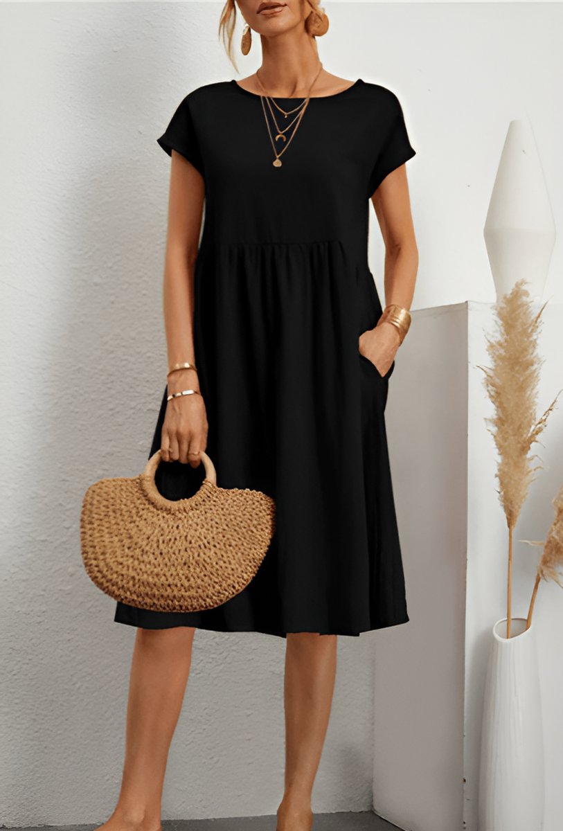 Women's Cotton Linen Short Sleeve Smocked Fall Midi Dress