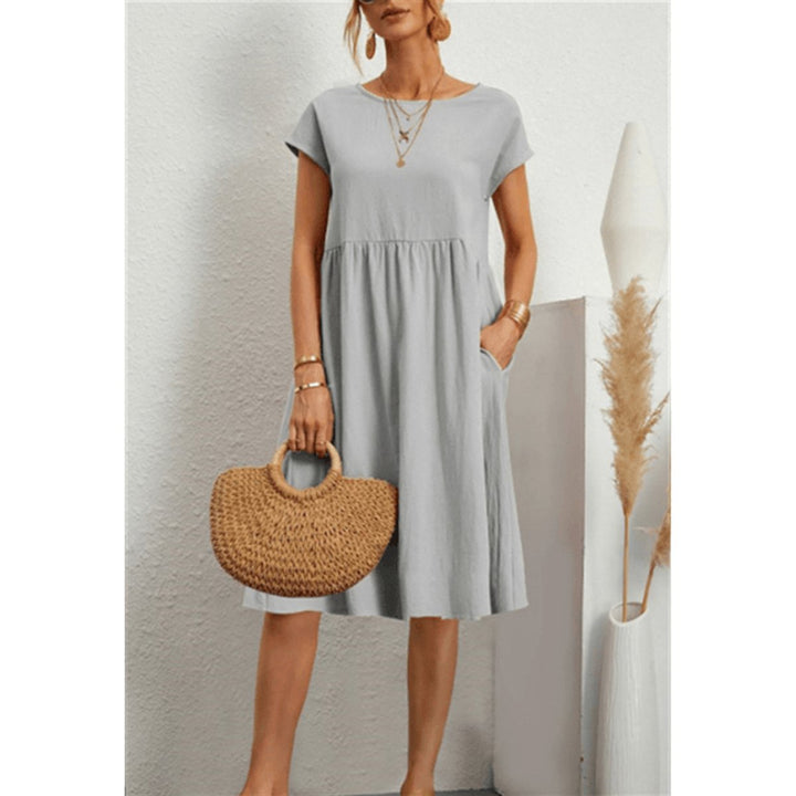 Women's Cotton Linen Short Sleeve Smocked Fall Midi Dress
