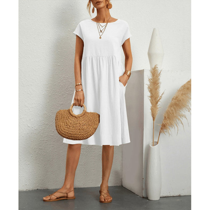 Women's Cotton Linen Short Sleeve Smocked Fall Midi Dress