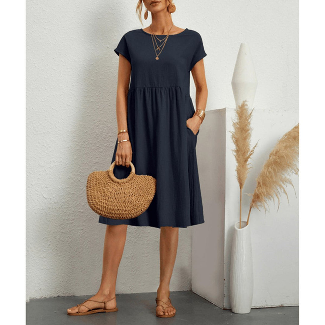 Women's Cotton Linen Short Sleeve Smocked Fall Midi Dress