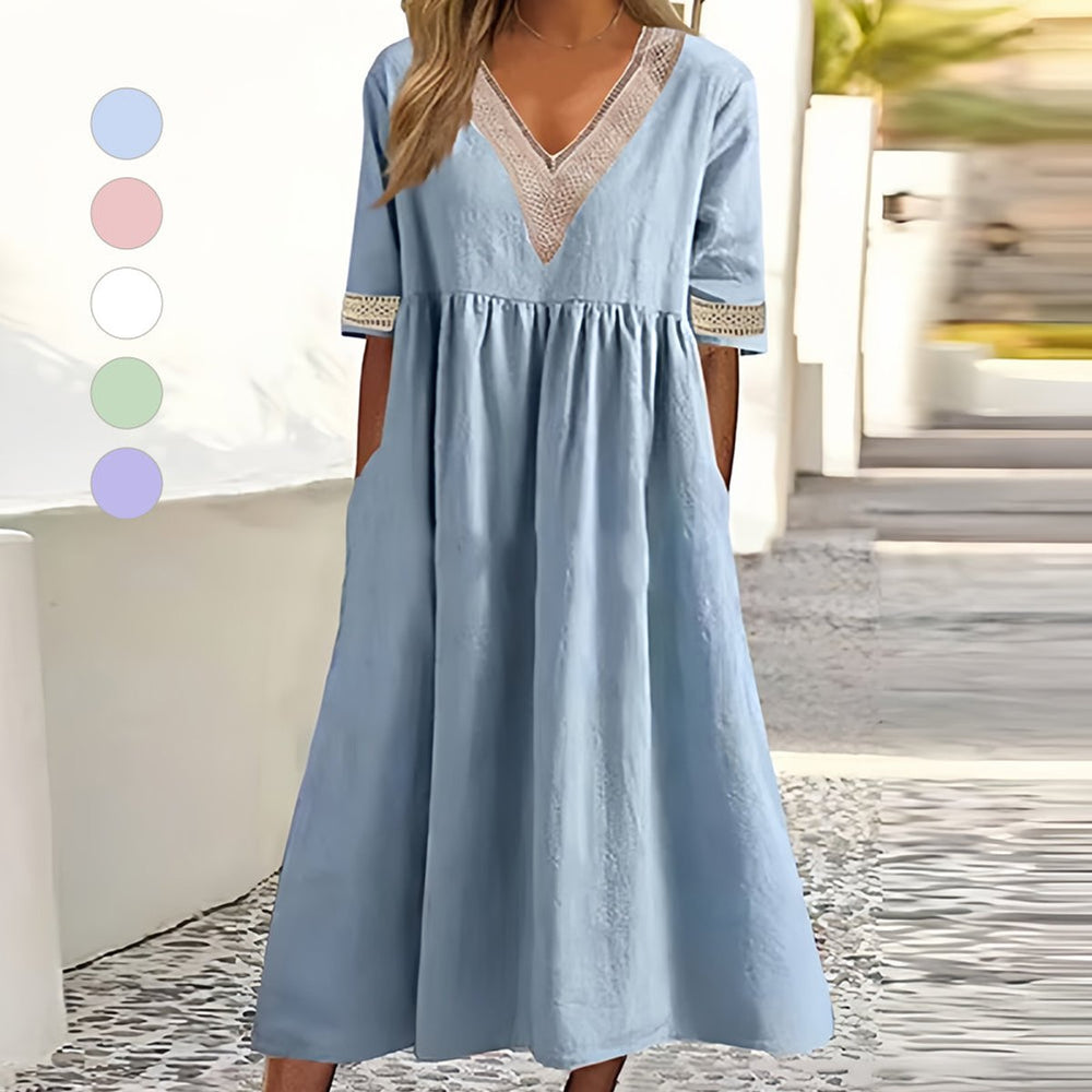 Women's Cotton Linen V-Neck Lace Trim Fall Midi Dress