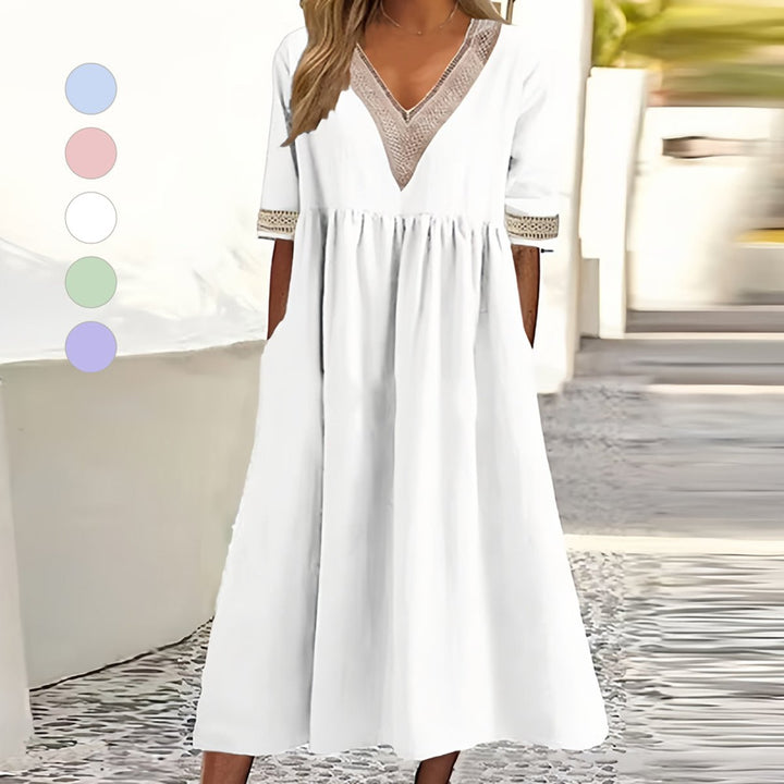 Women's Cotton Linen V-Neck Lace Trim Fall Midi Dress